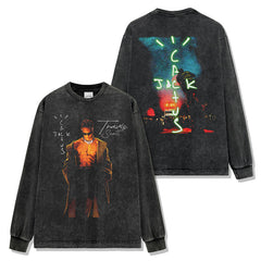 Vintage Travis Scott Black Printed Short Sleeve T-Shirt Washed Long Sleeve Crew Neck Casual Hooded Sweater