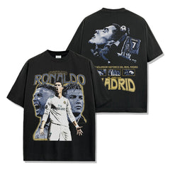 Vintage Ronaldo Printed Short Sleeve T-Shirt Vintage Loose Heavy Crew Neck Hooded Sweater
