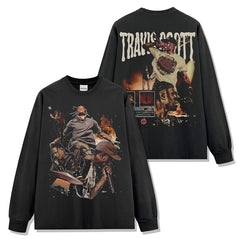 Vintage Hip Hop TRAVIS SCOTT Printed Short Sleeve T-Shirt Washed Long Sleeve Loose Hooded Sweater