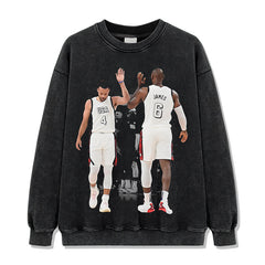 Vintage Tide Curry James Printed Short Sleeve T-Shirt Washed Long Sleeve Crew Neck Loose Hooded Sweater