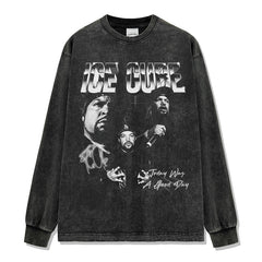 Ice Cube Printed Short Sleeve T-Shirt Washed Long Sleeve Loose Hooded Sweater Men