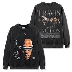 Hip Hop Travis Scott Printed Short Sleeve T-Shirt Washed Long Sleeve Loose Hooded Sweater