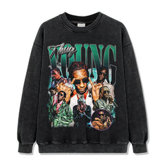 Vintage Hip Hop Young Thug Printed Short Sleeve T-Shirt Washed Long Sleeve Loose Hooded Sweater Men