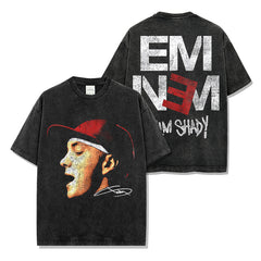 Eminem Eminem Print Wash Short Sleeve T-Shirt Casual Crew Neck Loose Hooded Sweatshirt Men