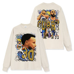 Stephen Curry Print Short Sleeve T-Shirt Long Sleeve Loose Crew Neck Washed Hooded Sweater