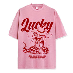 Retro Snake Year Good Luck Printed Short Sleeve T-Shirt Crew Neck Long Sleeve Loose Casual Heavy Hooded Sweater