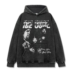 Ice Cube Printed Short Sleeve T-Shirt Washed Long Sleeve Loose Hooded Sweater Men