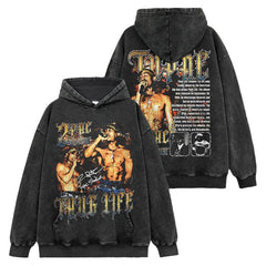 Hip Hop 2 PAC TUPAC Printed Washed Short Sleeve T-Shirt Crew Neck Heavy Hooded Sweater Men