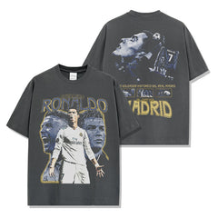 Vintage Ronaldo Printed Short Sleeve T-Shirt Vintage Loose Heavy Crew Neck Hooded Sweater
