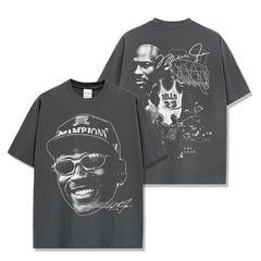 Vintage trapeze double-sided digital printing short-sleeved t-shirt loose heavy crew neck hooded sweater