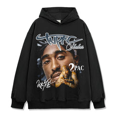 Hip hop tupac tupac printed short-sleeved t-shirt washed old long-sleeved loose hooded sweater men