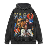 Vintage Nas Printed Short Sleeve T-Shirt Washed Old Long Sleeve Loose Casual Hooded Sweater Men