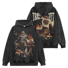 Vintage Hip Hop TRAVIS SCOTT Printed Short Sleeve T-Shirt Washed Long Sleeve Loose Hooded Sweater