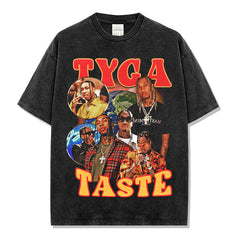 Hip Hop Michael Tyga Print Short Sleeve T-Shirt Washed Long Sleeve Loose Heavy Hooded Sweatshirt Men