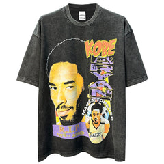 Simple retro Kobe printed short-sleeved T-shirt g high street washed loose heavy cotton small neckline t