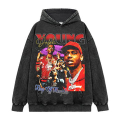 Hip Hop Young Thug Print Washed Crew Neck Long Sleeve Loose Hooded Sweater Men's Couple Shirt Tide