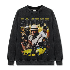 Hip Hop 50 Cent Printed Short Sleeve T-Shirt Washed Old Long Sleeve Loose Casual Hooded Sweater Men