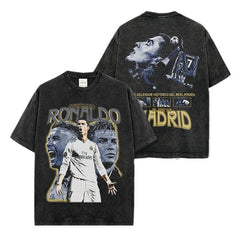 Vintage Ronaldo Printed Short Sleeve T-Shirt Vintage Loose Heavy Crew Neck Hooded Sweater