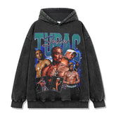 Vintage Hip Hop TUPAC Printed Short Sleeve T-Shirt Washed Old Long Sleeve Loose Hooded Sweater