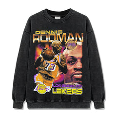 Vintage Rodman Printed Short Sleeve T-Shirt Washed Old Long Sleeve Crew Neck Loose Hooded Sweater Men