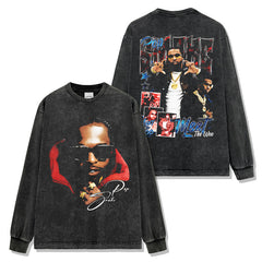 Hip Hop Smoke Print Short Sleeve T-Shirt Washed Long Sleeve Loose Hooded Sweater Men