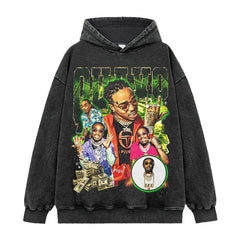 Vintage Hip Hop Quavo Printed Short Sleeve T-Shirt Washed Old Long Sleeve Loose Hooded Sweater