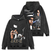 Retro hip-hop JAY-Z reversible print short sleeve t-shirt washed long sleeve loose hooded sweatshirt
