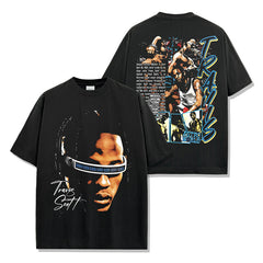 Hip Hop Travis Scott Printed TS Washed Short Sleeve T-Shirt Crew Neck Loose Hooded Sweater Men