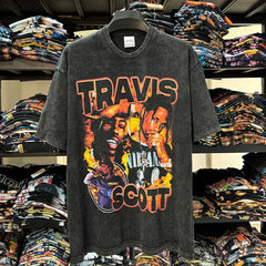 Vintage Travis Scott Travis Printed Short Sleeve T-Shirt Washed Heavy Small Neckline Tide T