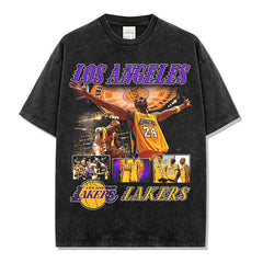 Retro star kobe print short-sleeved t-shirt washed casual long-sleeved crew neck hooded sweater men's trend