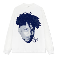 Vintage Hip Hop 21 SAVAGE FIX Printed Short Sleeve T-Shirt Cotton Crew Neck Long Sleeve Loose Hooded Sweater