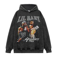 Hip hop lil baby print short-sleeved t-shirt washed long-sleeved loose casual heavy hooded sweater