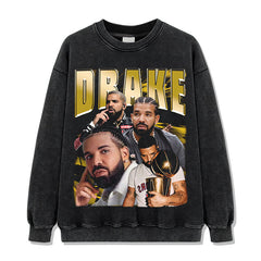 Hip Hop Drake Printed Short Sleeve T-Shirt Washed Long Sleeve Loose Heavy Hooded Sweater Men