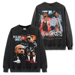 Hip Hop Kids See Ghosts Printed Washed Short Sleeve T-Shirt Casual Crew Neck Hooded Sweater Men