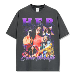 Hip Hop HER Printed Short Sleeve T-Shirt Washed Old Long Sleeve Loose Casual Heavy Hooded Sweater Men