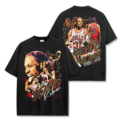 Vintage Rodman Printed Washed Short Sleeve T-Shirt Crew Neck Heavy Loose Hooded Sweater Men