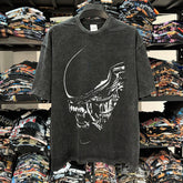 Vintage Alien Xenomorph Printed T-Shirt Vintage Washed Loose Heavy Crew Neck Short Sleeve