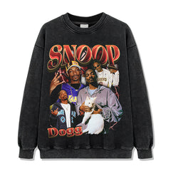 Snoop Dogg Printed Short Sleeve T-Shirt Washed Long Sleeve Loose Hooded Sweater