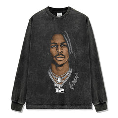 Vintage Morant Printed Short Sleeve T-Shirt Washed Long Sleeve Crew Neck Loose Hooded Sweater