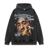 Hip hop tupac tupac printed short-sleeved t-shirt washed old long-sleeved loose hooded sweater men