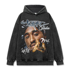 Hip hop tupac tupac printed short-sleeved t-shirt washed old long-sleeved loose hooded sweater men