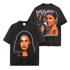 Vintage Megan MEGANFOX Printed Short Sleeve T-Shirt Loose Heavy Crew Neck Hooded Sweater Men's Trend