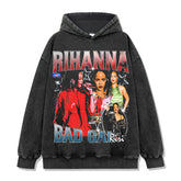 Vintage Rihanna Printed Short Sleeve T-Shirt Washed Long Sleeve Crew Neck Loose Hooded Sweater