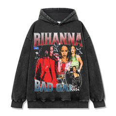 Vintage Rihanna Printed Short Sleeve T-Shirt Washed Long Sleeve Crew Neck Loose Hooded Sweater