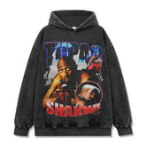Vintage trendy TUPAC printed short-sleeved t-shirt washed and old long-sleeved loose hooded sweater men