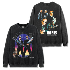 Men in Black Printed Washed Short Sleeve T-Shirt Casual Crew Neck Hooded Sweater Men