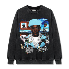 Vintage Tyler The Creator Printed T-Shirt Washed Long Sleeve Crew Neck Heavy Hooded Sweater