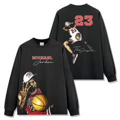 Vintage MJ Trapeze Double-Sided Printed Short Sleeve T-Shirt Heavy Long Sleeve Crew Neck Hooded Sweater Men