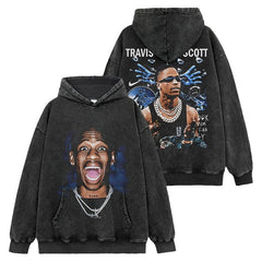 Vintage TRAVIS SCOTT Printed Short Sleeve T-Shirt Washed Long Sleeve Crew Neck Casual Hooded Sweater