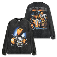 Hip Hop Neptune Pharrell Williams Printed Washed Short Sleeve T-Shirt Crew Neck Hooded Sweater Men